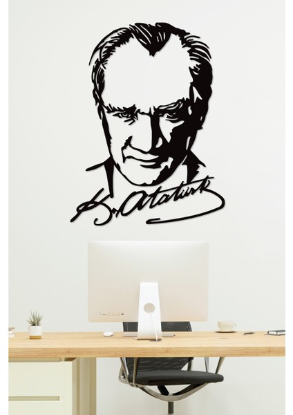 Atatürk Portre Imzalı Dekoratif Siyah Metal Duvar Tablosu Ev & Ofis Dekoru 1,5 mm Kalınlık