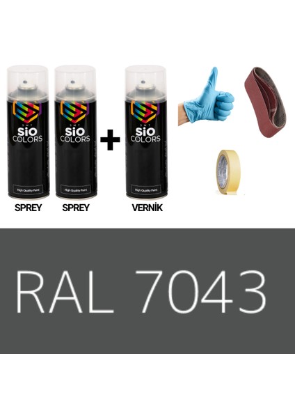 2 Adet Sprey +1 Adet Vernik Bey Gri RAL-7043 Sprey Boya Seti 400 Ml+Zımpara+Kağıtbant+Eldiven