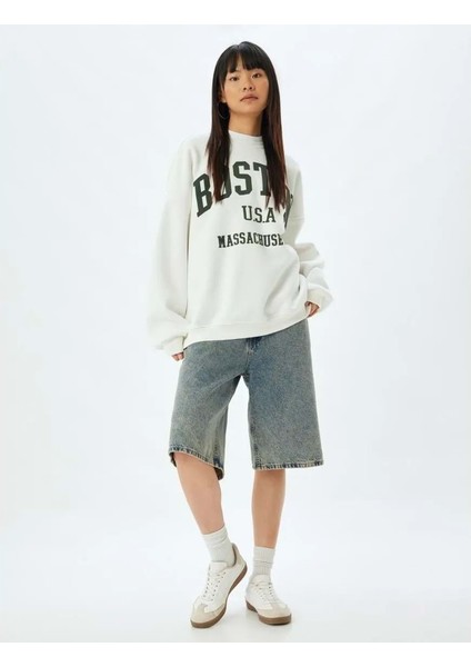 Oversize Sweatshirt Bisiklet Yaka - Koton - 5WAL10170IK - Ekru - L