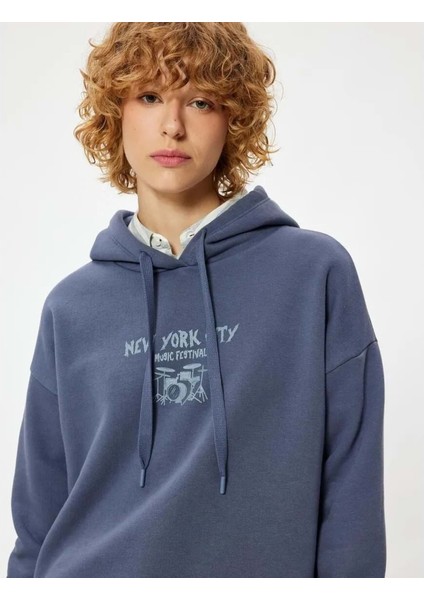 Arkası Baskılı Sweatshirt Kapüşonlu Oversize Kolej Temalı Uzun Kollu - Koton - 5WAL10133IK - Lacivert - Xl