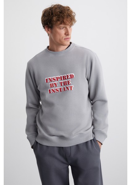 EREKLE Erkek Pamuk-Polyester Nakışlı Açık Gri Sweatshirt