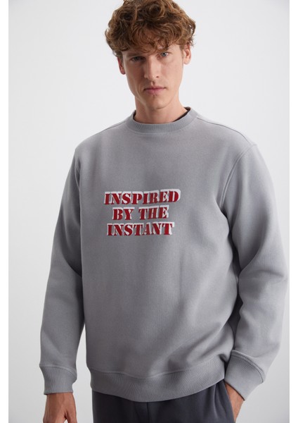 EREKLE Erkek Pamuk-Polyester Nakışlı Açık Gri Sweatshirt fırsatları