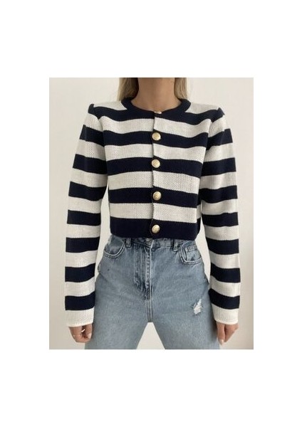 Triko Şeritli Kısa Hırka