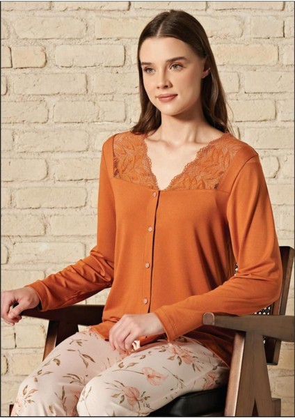 Kadın Kiremit Viskon Düğmeli Uzun Kollu Pijama Takımı 1759