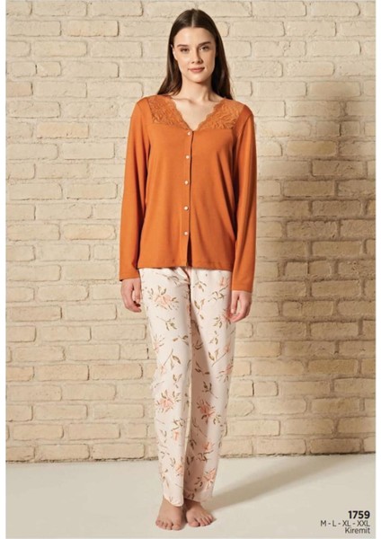 Kadın Kiremit Viskon Düğmeli Uzun Kollu Pijama Takımı 1759