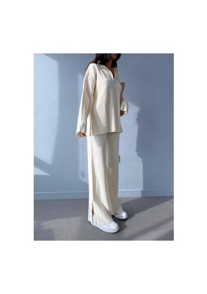 Ekru Fitilli Triko Takım