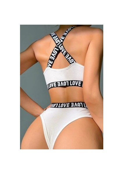 Kadın Beyaz Çapraz Sırt ve Love Yazı Detaylı Iç Çamaşır Takımı fiyatları