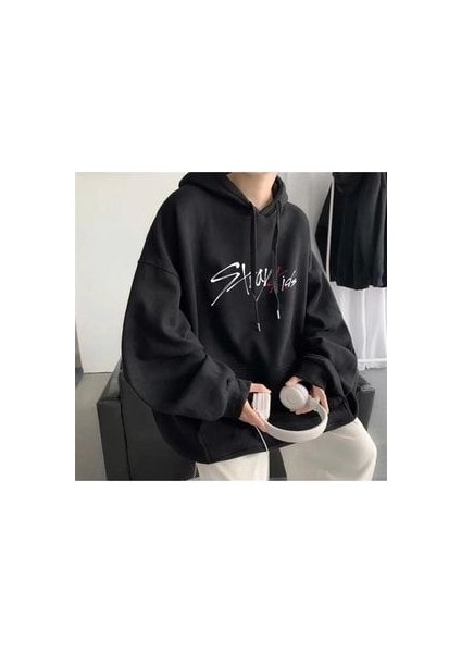 Stray Kids Siyah Kapüşonlu 3 Iplik Şardonlu Oversize Sweatshirt Hoodie
