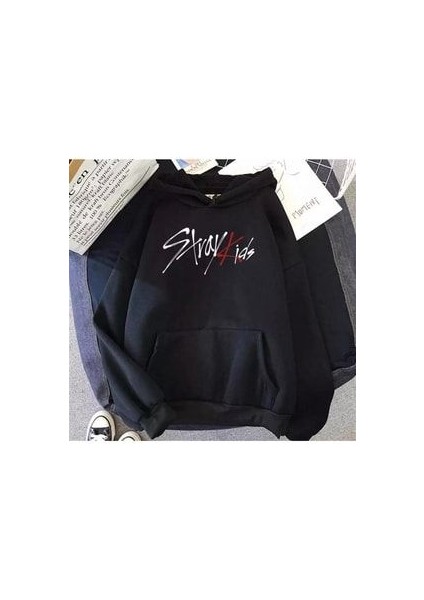 Stray Kids Siyah Kapüşonlu 3 Iplik Şardonlu Oversize Sweatshirt Hoodie modelleri