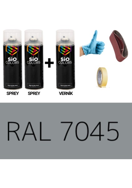 2 Adet Sprey +1 Adet Vernik Telegray Gri RAL-7045 Sprey Boya Seti 400 Ml+Zımpara+Kağıtbant+Eldiven