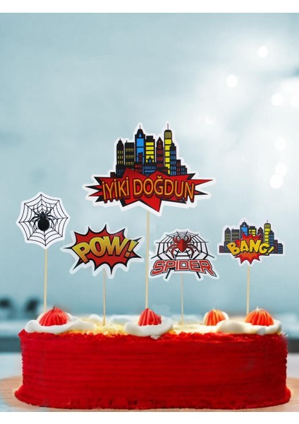 Spiderman Temalı Kürdan Figürlü Cupcake Kürdanı Pasta Süsü 5'li
