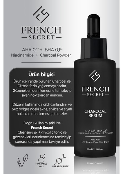 Aktif Kömür İçeren Charcoal Bakım Serumu Aha %01 + Bha%01 + Niacinamide 30 ml
