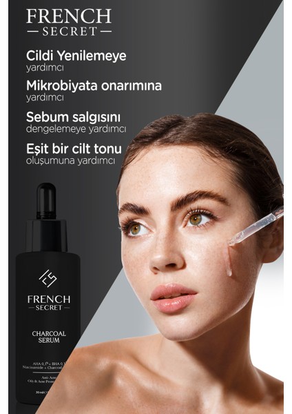 Aktif Kömür İçeren Charcoal Bakım Serumu Aha %01 + Bha%01 + Niacinamide 30 ml