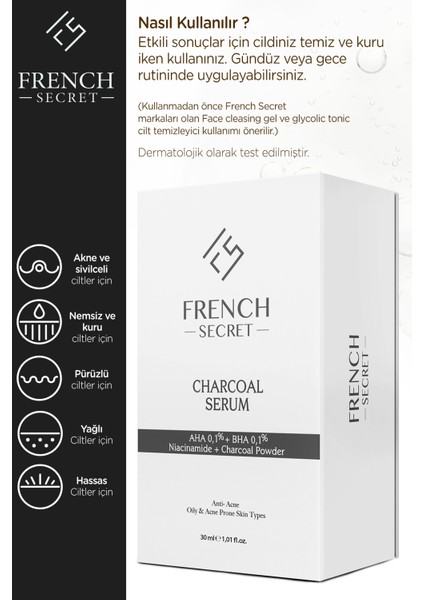 Aktif Kömür İçeren Charcoal Bakım Serumu Aha %01 + Bha%01 + Niacinamide 30 ml