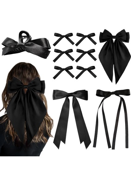 10PCS Silk Satin Bow Hair Clips Long Black Ribbon Hair Clips Women Large Bow Cute Hair Clips Aesthetic Hair Accessories For Women Girls (Yurt Dışından)