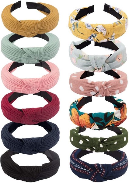 12PCS Women's Headbands Knotted Headbands Women's Wide Headband Bohemian Bandeau Knotted Turban Hairband Elastic Hair Accessories (Yurt Dışından)