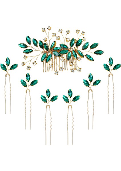Pieces Gold Metal Emerald Green Wedding Bridal Hair Comb Side Comb + U Shaped Hair Clip Accessories For Women Girls Bride Bridesmaids (Yurt Dışından)