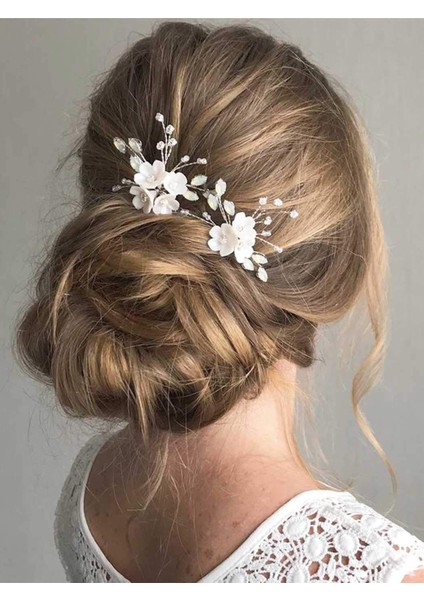 Bridal Wedding Hairpin Silver Flower Hairpin Bridal Hair Accessories Gorgeous Hair Accessories (2 Pieces) (Yurt Dışından) fiyatları