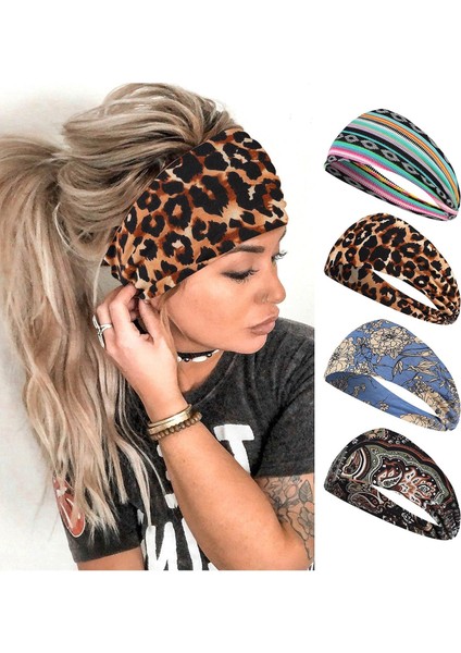 Women's Wide Headband Bohemian Bandeau Headband Exercise Headband Elastic Non-Slip Hairband 4 Pack (Fashion) (Yurt Dışından)