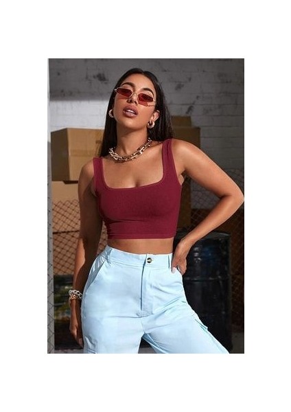 Askılı Kadın Crop Top Büstiyer, Kare Yaka Crop Top Büstiyer, Kalın Askılı Crop