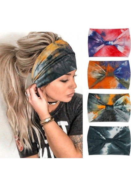 Women's Wide Headband Knotted Headband African Women's Turban Elastic Hair Accessories Tie Dye 4 Pack (Yurt Dışından)