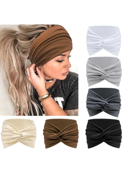 Women's Wide Headband Knotted Non-Slip Headband Soft Turban Headband Hair Accessories Bohemian Solid Color Women Yoga Exercise 6 Pack (Yurt Dışından)