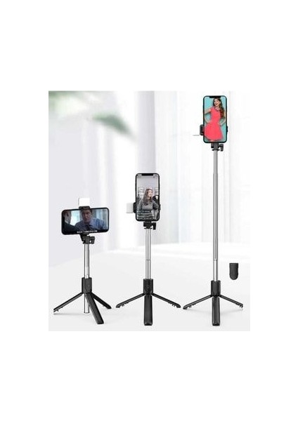 Bluetooth Lu LED Işıklı Selfie Çubuğu Uzaktan Kumandalı Yatay ve Dikey Kullanabilme Özçekim Tripod