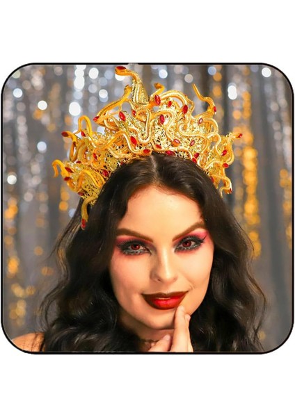 Aukmla Gold Snake Headband Crown Goddess Headdress Red Crystal Festival Costume Headdress Women's Hair Accessories (Yurt Dışından)