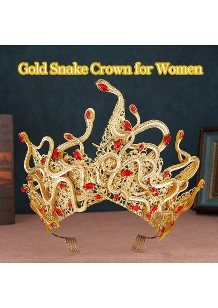Aukmla Gold Snake Headband Crown Goddess Headdress Red Crystal Festival Costume Headdress Women's Hair Accessories (Yurt Dışından) fiyatları