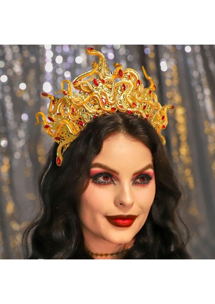 Aukmla Gold Snake Headband Crown Goddess Headdress Red Crystal Festival Costume Headdress Women's Hair Accessories (Yurt Dışından) modelleri