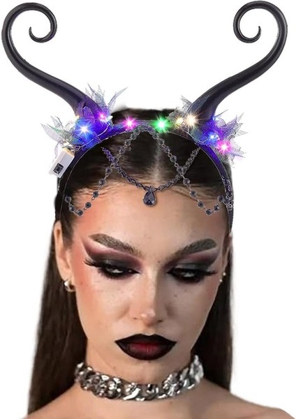 Glowing Fairy Headband Black 。 Headband Forest Antlers Headband LED Horn Costume Headdress Festival Women's Hair Accessories Suitable For Halloween Party (Yurt Dışından)