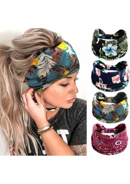 Women's Headband Fashion Elastic Wide Hairband Knotted Turban Headband Yoga Running Sweatproof Band Elastic Headband Fashion Wrap Headband Girls Hair Accessories 4 Pack (Yurt Dışından)