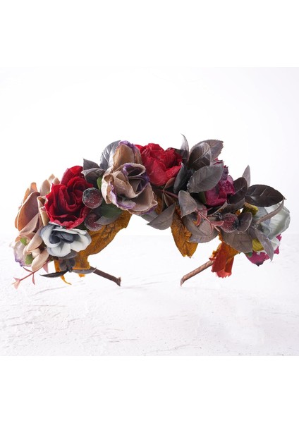 Floral Headband Red Flower Crown Headband Retro Rose Flower Headdress Hair Accessories Women Girls Halloween Carnival Wedding Role Play (Yurt Dışından) fiyatları