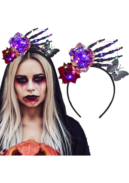 Flower Headband Gothic Skull Butterfly Headband Day Of The Dead Headband Luminous Flower Halloween Party Cosplay Costume Women's Hair Accessories (Yurt Dışından)