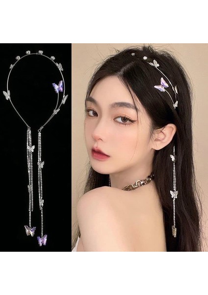 Wedding Butterfly Headband Head Chain Silver Tassel Headband With Rattan Vintage Decorative Headdress Headpiece Headdress For Women, Girls (Yurt Dışından)