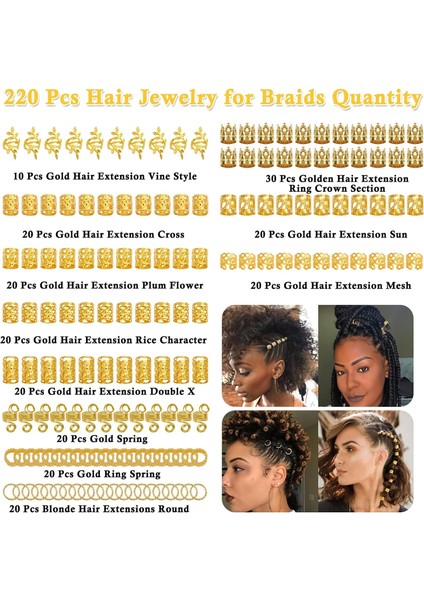 220 Pieces Gold Hair Accessories For Braids Loc Women Hair Accessories Metal Gold Braid Ring Cuff Clips For Long Hair Lock Accessories Braid Decoration (Yurt Dışından)