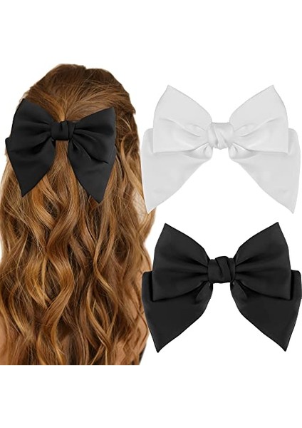 Silky Satin Bow Hair Accessories 2 Pieces Women's Large Bow Hairband Extra Large Long Tail White Hair Bow Black Hair Bow Large Hair Clip (Yurt Dışından)