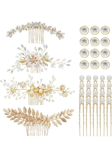 36PCS Gold Flower Leaf Bridal Wedding Hair Side Comb + U Shape, Hair Clip + Spiral Twist Hair Clip Prom Tiara Bride Bridesmaids Ladies Girls (Yurt Dışından)