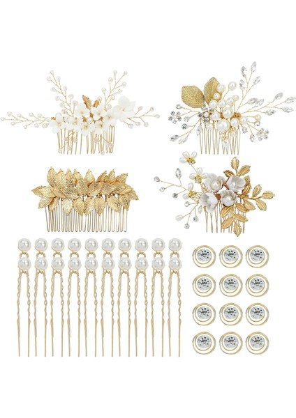 36PCS Gold Flower Leaf Bridal Wedding Hair Side Comb + U Shape, Hair Clip + Spiral Twist Hair Clip Prom Tiara Bride Bridesmaids Ladies Girls (Yurt Dışından) fiyatları