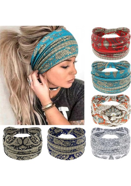 Women's Wide Headband Knotted Non-Slip Headband Soft Turban Headband Hair Accessories Bohemian Solid Color Women Yoga Exercise 6 Pack (Yurt Dışından)