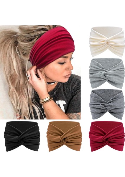 Women's Wide Headband Knotted Non-Slip Headband Soft Turban Headband Hair Accessories Bohemian Solid Color Women Yoga Exercise 6 Pack (Yurt Dışından)