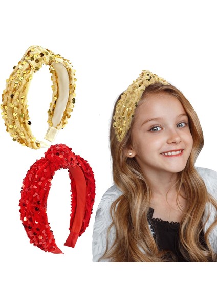 Christmas Knotted Headbands For Women Girls Non-Slip Toddler Girl Sequined Headband Wide Top Knot Headband Velvet Hairband Girls Fashion Hair Accessories (Red And Gold 2pcs) (Yurt Dışından)