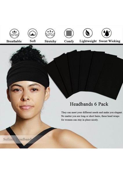 Womens Wide Headband Elastic Headband Bohemian Headband Womens Hairband Turban Workout Hairband Girls Accessories Black 6 Pack (Yurt Dışından) modelleri