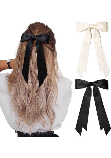 Pieces Silky Satin Bow Hair Clip Beige Black Hairband Ponytail Holder Accessories Metal Clip Bow Women Girls Children (Yurt Dışından)