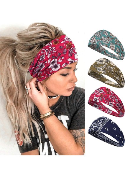 Women's Wide Headband Bohemian Bandeau Headband Exercise Headband Elastic Non-Slip Hairband 4 Pack (Fashion) (Yurt Dışından)