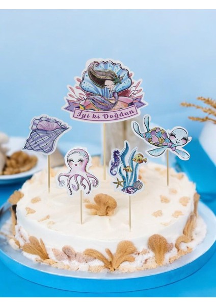 Deniz Kızı Temalı Kürdan Figürlü Cupcake Kürdanı Pasta Süsü 5'li