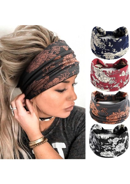 Women's Wide Headband Black Fashion Turban Bohemian Thick Hairband Large Sports Yoga Turban Hairband Hair Accessories (4 Pack) (Yurt Dışından)