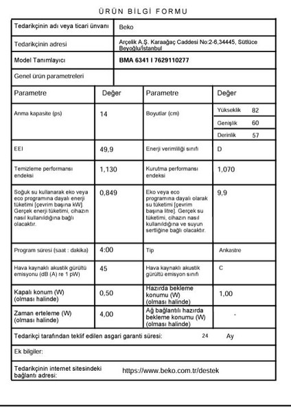 Bma 6341 I Tezgah Altı Bulaşık Makinesi