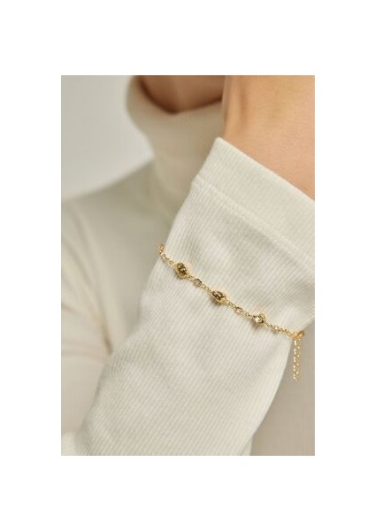 18 Ayar Altın Kaplama Gümüş Deniz Kabuklu Zincir Bileklik Beyaz Taşlı Shine Koleksiyon