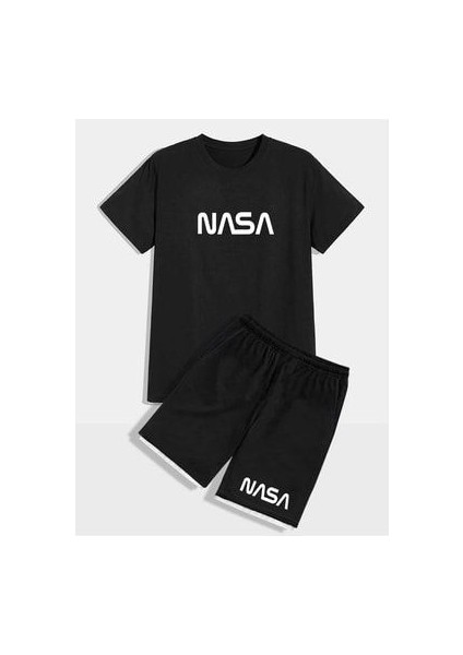 Nasa T-Shirt Şort - Siyah Alt Üst Kombin Şort Tişört Takım Baskılı Oversize Bisiklet Yaka